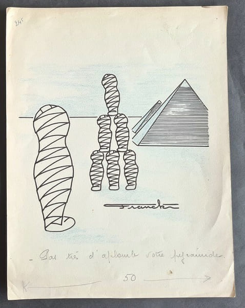 Dessin original de presse anonyme sign&eacute; Franck, sign&eacute;. Encre de chine et crayon de couleur bleu, sur papier.. ( Dessin d'Humour et de Presse ) - ...