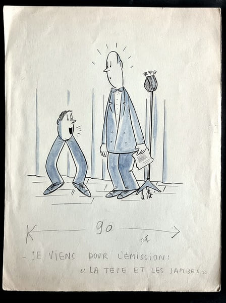 Superbe dessin original de presse anonyme sign&eacute; Le Pit'. Encre de chine et crayon de couleur bleu, sur papier.. ( Dessin d'Humour et de Presse ) - ...