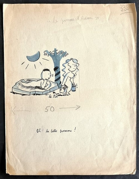 Superbe dessin original de presse anonyme sign&eacute; Le Pit'. Encre de chine et crayon de couleur bleu, sur papier.. ( Dessin d'Humour et de Presse ) - ...