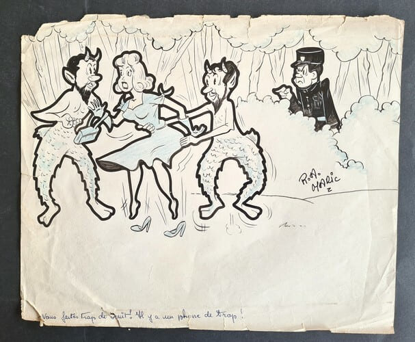 Superbe dessin original de presse par Raymond Chiavarino dit Maric, sign&eacute;. Encre de chine et crayon de couleur bleu, sur papier.. ( Dessin d'Humour et ...