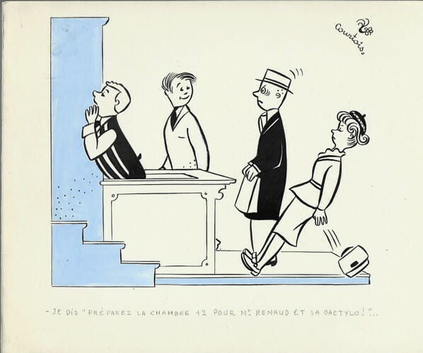 Superbe dessin original de presse par Auguste Courtois, sign&eacute;. Encre de chine et gouache bleue, sur papier.. ( Dessin d'Humour et de Presse ) - ...