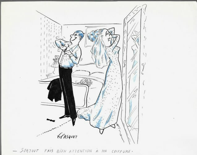 Superbe dessin original de presse sign&eacute; F.Pasquet. Encre de chine et crayon de couleur bleu, sur papier.. ( Dessin d'Humour et de Presse ) - ...