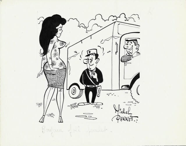 Superbe dessin original de presse sign&eacute; Michel Parrot. Encre de chine, sur papier.. ( Dessin d'Humour et de Presse ) - Michel Parrot.