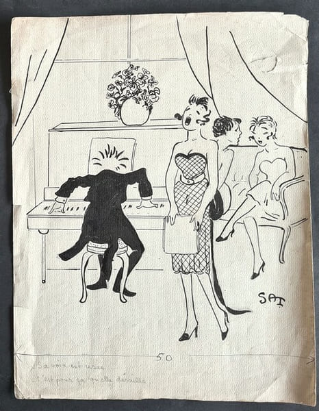 Superbe dessin original de presse anonyme sign&eacute; Sat. Encre de chine, sur papier.. ( Dessin d'Humour et de Presse ) - Anonyme sign&eacute; Sat.