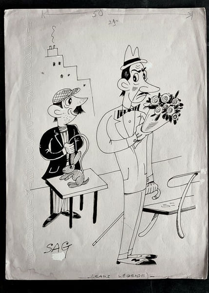 Superbe dessin original de presse anonyme sign&eacute; Sag. Encre de chine, sur papier.. ( Dessin d'Humour et de Presse ) - Anonyme sign&eacute; Sag.