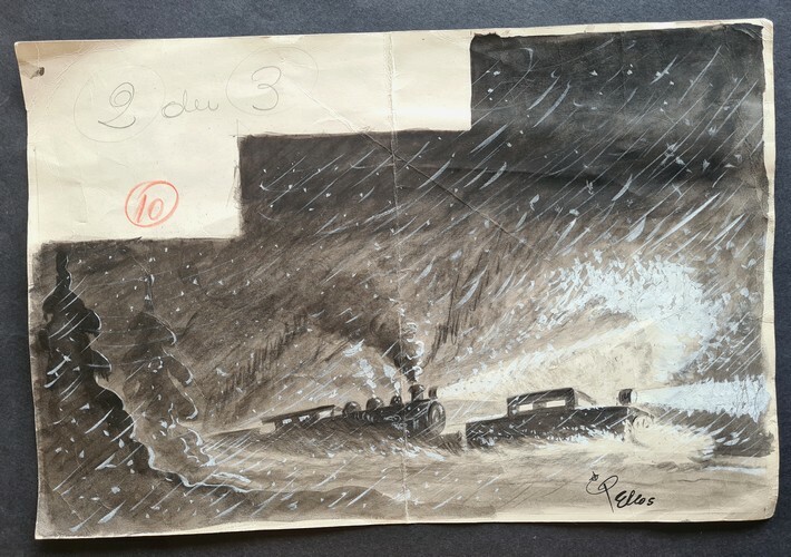 Magnifique dessin original, réaliste, à la gouache, signé, par René Pellos, représentant un train tracté par un draisine, sous la neige.. ( Bandes ...