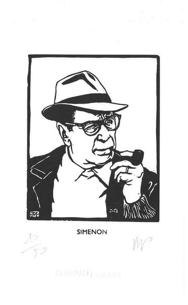 Portrait de Georges Simenon. Gravure originale sur bois, imprim&eacute;e sur papier v&eacute;lin BFK Rives &agrave; bords frang&eacute;s, en tirage unique &agrave; 50 exemplaires, ...