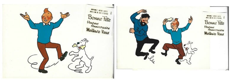 Lot de 2 cartes postales, avec enveloppe et sticker avec 3 textes diff&eacute;rents et 2 illustrations : Tintin et Milou + Tintin, le Capitaine Haddock et ...