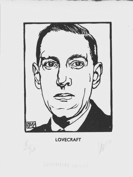 Portrait de Howard Phillips Lovecraft. Gravure originale sur bois, imprim&eacute;e sur papier v&eacute;lin BFK Rives &agrave; bords frang&eacute;s, en tirage unique &agrave; 50 ...