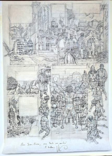 Magnifique Planche originale r&eacute;alis&eacute;e au crayon sur papier pelure pour un album de la BD " Vasco ",  avec d&eacute;dicace sign&eacute;e de Fr&eacute;d&eacute;ric Toublanc.. ( ...