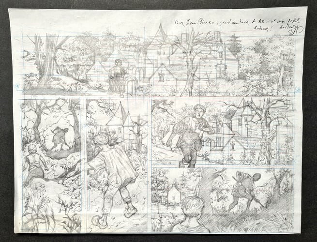 Magnifique demi planche originale r&eacute;alis&eacute;e au crayon sur papier pelure pour un album de la BD " Vasco ",  avec d&eacute;dicace sign&eacute;e de Fr&eacute;d&eacute;ric Toublanc.. ...