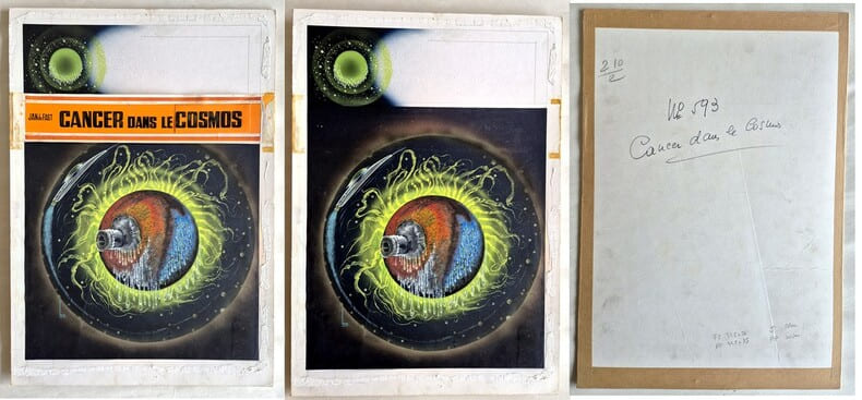 Superbe gouache couleurs sur carton fort, r&eacute;alis&eacute;e pour le livre de Jan de Fast " Cancer dans le Cosmos ", paru aux &eacute;ditions Fleuve Noir en 1974 dans ...