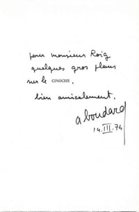 Cinoche. Roman. ( Un des 15 exemplaires numérotés sur vélin pur fil lafuma, seul grand papier, avec belle dédicace de Alphonse Boudard + article de André Hardellet + jaquette illustrée ).