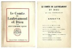 Le Comte de Lautréamont et Dieu. ( Un des 50 exemplaires numérotés sur Vélin Lafuma, complet de la feuille d'errata ).. ( Isidore Ducasse, Comte de ...