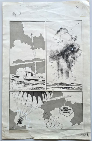 Magnifique Planche originale, sign&eacute;e, r&eacute;alis&eacute;e &agrave; l'encre de Chine avec trames pointill&eacute;es, sur papier, pour un album de BD de la s&eacute;rie Scarlett ...