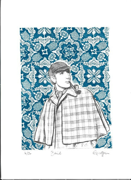 Portrait de Sherlock Holmes sous les traits de Basil Rathbone. Gravure originale sur bois, bicolore, imprim&eacute;e sur papier v&eacute;lin et en tirage unique &agrave; ...