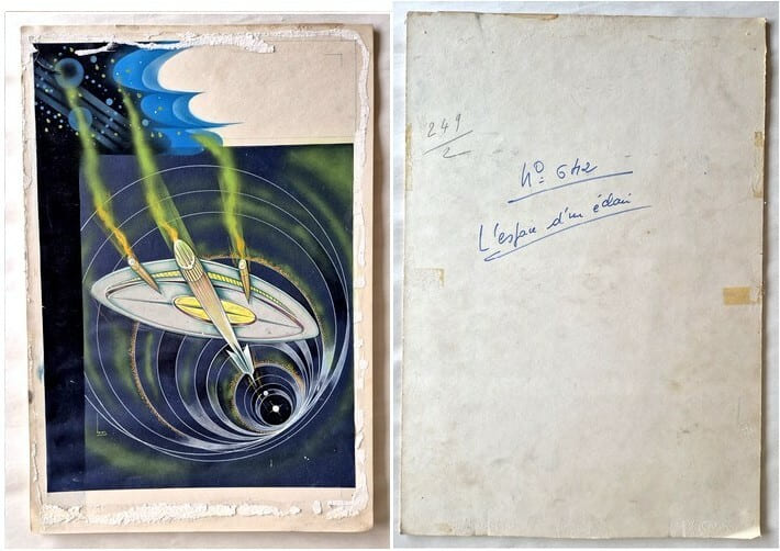 Superbe gouache couleurs sur carton fort, r&eacute;alis&eacute;e pour le livre de Maurice Limat " L'Espace d'un &eacute;clair ", paru aux &eacute;ditions Fleuve Noir en 1974 dans ...
