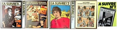 Lot composé des reliures éditeurs de la Revue ( A Suivre n° 1 ), numéros 1 à 5 et ( A Suivre n° 2 ), 6/7 à 11 + rare affichette pour la parution de la ...