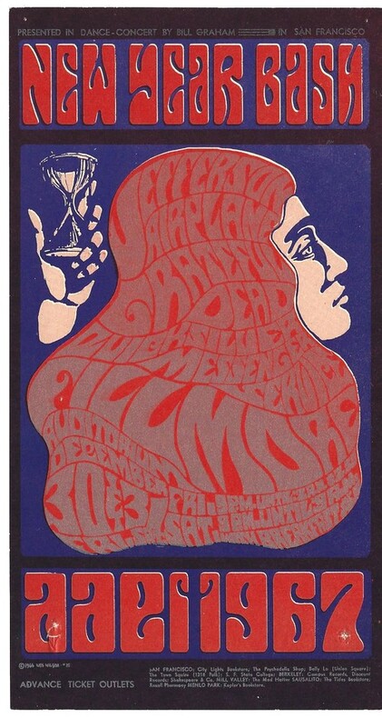 Magnifique carte postale de 1966 pour les concerts du nouvel an pr&eacute;sent&eacute;s par Billy Graham au Fillmore Auditorium de San Francisco les 30 et 31 ...