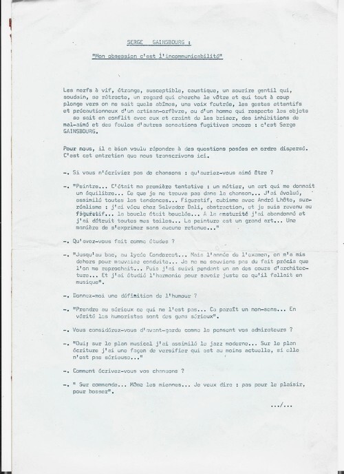 Mon obsession c'est l'incommunicabilit&eacute;. ( Tapuscrit de 3 pages d'une interview auquel on joint une photographie originale argentique de Serge ...