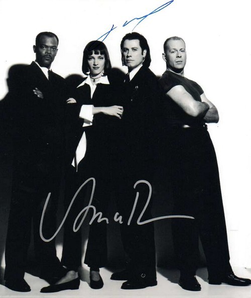 Superbe photographie originale avec les 4 acteurs principaux du film " Pulp Fiction " de Quentin Tarantino : Uma Thurman, John Travolta, Samuel L. ...