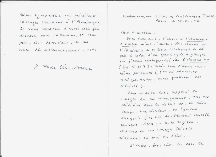 Magnifique lettre autographe, dat&eacute;e et sign&eacute;e, de Claude L&eacute;vi-Strauss, adress&eacute;e &agrave; l'&eacute;crivain Yves Berger.. ( Litt&eacute;rature - d&eacute;dicaces ) - Claude ...