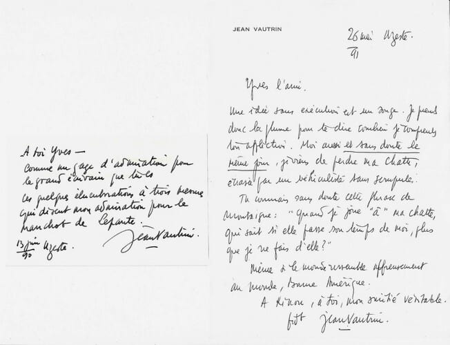 Lot de 2 belles d&eacute;dicaces autographes, sign&eacute;es, sur et lettre &agrave; en-t&ecirc;te de Jean Vautrin &agrave; l'&eacute;crivain Yves Berger. . ( Litt&eacute;rature - d&eacute;dicaces ) - Jean ...