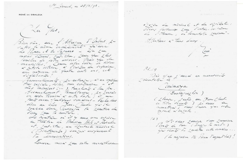 Magnifique lettre autographe, dat&eacute;e et sign&eacute;e, de Ren&eacute; de Obaldia, adress&eacute;e &agrave; l'&eacute;crivain Yves Berger.. ( Litt&eacute;rature - d&eacute;dicaces ) - Ren&eacute; de Obaldia.