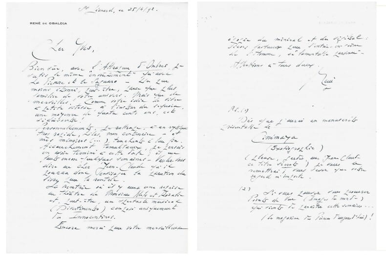 Magnifique lettre autographe, dat&eacute;e et sign&eacute;e, de Ren&eacute; de Obaldia, adress&eacute;e &agrave; l'&eacute;crivain Yves Berger.. ( Litt&eacute;rature - d&eacute;dicaces ) - Ren&eacute; de Obaldia.