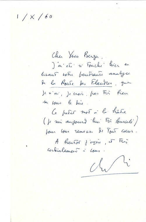 Lettre autographe, dat&eacute;e et sign&eacute;e, de Claude Simon, adress&eacute;e &agrave; l'&eacute;crivain Yves Berger.. ( Litt&eacute;rature - d&eacute;dicaces ) - Claude Simon.