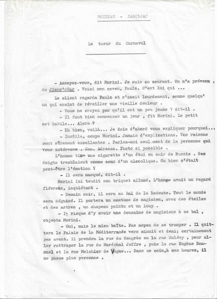 Le Tueur du Carnaval. ( Tapuscrit original de 5 pages avec corrections autographes et signatures de Pierre Boileau et Thomas Narcejac ).. ( Tapuscrit ...