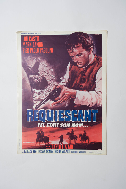 Rare affichette originale de film, d'exploitation en salles, pour le western spaghetti italien  " Requiescant, tel &eacute;tait son nom... ".. ( Cin&eacute;ma - ...