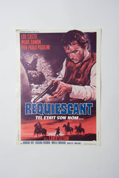 Rare affichette originale de film, d'exploitation en salles, pour le western spaghetti italien  " Requiescant, tel &eacute;tait son nom... ".. ( Cin&eacute;ma - ...