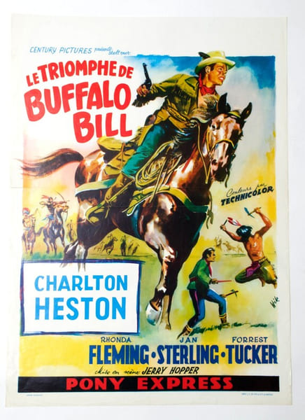 Rare affiche originale belge, d'exploitation en salles, pour le film am&eacute;ricain " Le Triomphe de Buffalo Bill - Pony Express ".. ( Cin&eacute;ma - Affiches - ...