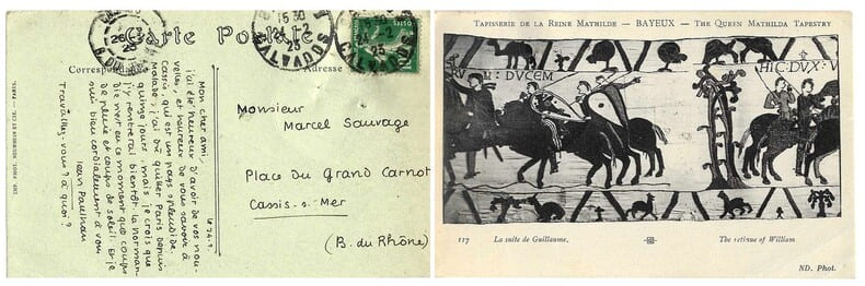 Belle d&eacute;dicace sign&eacute;e, de Jean Paulhan adress&eacute;e &agrave; l'&eacute;crivain Marcel Sauvage sur carte postale.. Jean Paulhan.