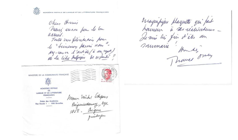 Superbe lot de 6 carte de voeux manuscrites, sign&eacute;es, de Thomas Owen &agrave; Michel Schepens, parlant de Georges Simenon, Bob Morane et Henri Vernes. ( 4 ...