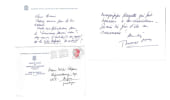 Superbe lot de 6 carte de voeux manuscrites, sign&eacute;es, de Thomas Owen &agrave; Michel Schepens, parlant de Georges Simenon, Bob Morane et Henri Vernes. ( 4 ...