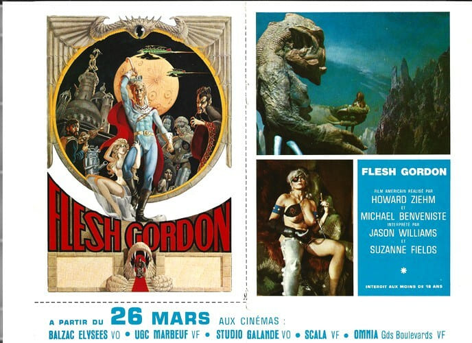 Superbe d&eacute;pliant Pariscope pour le film Flesh Gordon, avec l'affiche du film et Candy Samples dans le r&ocirc;le de la cheffe des Amazones lesbiennes ( ...