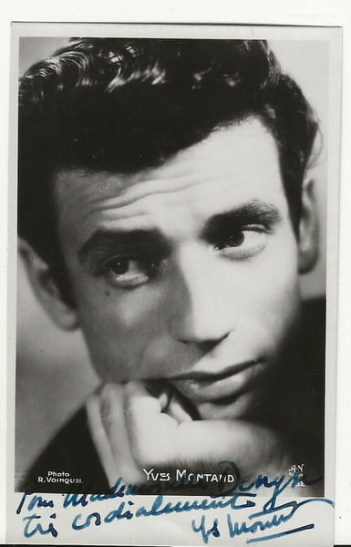 Carte postale avec belle d&eacute;dicace de Yves Montand.. ( Cartes Postales - Chanson Fran&ccedil;aise - Cin&eacute;ma ) - Yves Montand - Roger Voinquel.