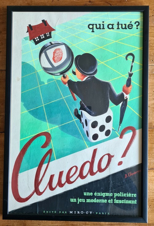 Magnifique gouache publicitaire datant des années 50, réalisée par B.Chaveron pour le jeu de société " Cluedo ".. ( Publicité ) - Cluedo - B.Chaveron.