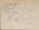Texte de 3 lignes autographes au crayon, sur carton fort, signées par Hergé.. ( Bandes Dessinées ) - Tintin - Georges Rémi dit Hergé. 