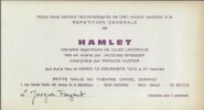 Carton d'invitation ayant appartenu Jacques Faizant, pour la répétition générale de la pièce de théâtre " Hamlet " de Jules Laforgue, mise en scène ...