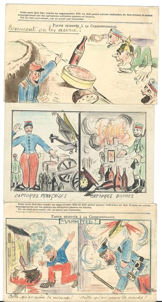 Emouvant lot de 10 Cartes Postales r&eacute;dig&eacute;es et dessin&eacute;es par un " Poilu ", le Caporal L.Didier, exp&eacute;di&eacute;es depuis le Front &agrave; son &eacute;pouse, toutes ...