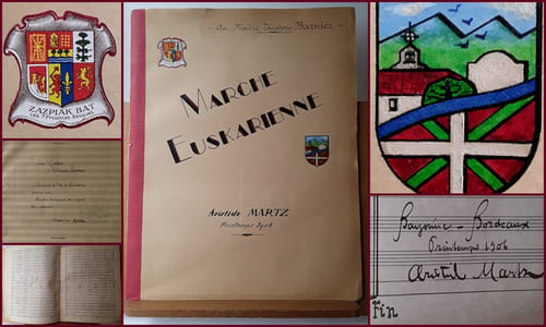 MARCHE EUSKARIENNE...Partition originale manuscrite d'Aristide Martz en souvenir des Fêtes de Biarritz du printemps 1906.
Au Maître Théodore Barnier ~ MARCHE EUSKARIENNE.
Quand les Fêtes étaient à Biarritz...Elles étaient bien plus S'MARTZ qu'à Bayonne !