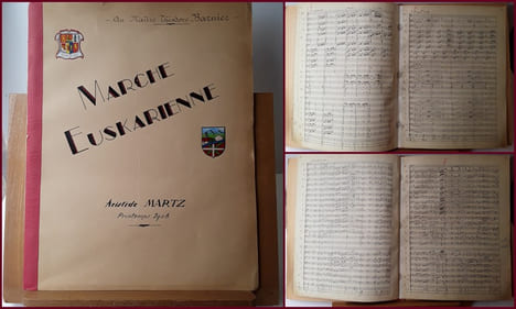 MARCHE EUSKARIENNE...Partition originale manuscrite d'Aristide Martz en souvenir des Fêtes de Biarritz du printemps 1906.
Au Maître Théodore Barnier ...