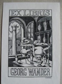 Ex libris Georg Wander. Original-Radierung. O. J. (20. Jh.). Blatt : 9 x 6,3 cm, Bild : 7,2 x 4,7 cm.