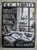 Ex-libris Claude Bellanger. Table de travail, bibliothèque, fenêtre avec vue sur un fleuve. Gravure sur bois monogrammée P F J. Sans date. 8,2 x  6,1 ...
