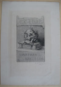 Ex-libris Jonathan Haberern. Stilleben mit Totenkopf und Buch. Kupferstich. Künstlermonogramm (?) links unten im Bild. Am unterem Bildrand signiert Rodriguez sc. Ohne Jahr. Auf Karton montiert.