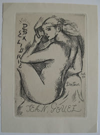 Ex-libris Docteur Jean Gouez. Nue avec livre. Eau-forte signée (pas identifiée, B....) et datée 1930. 12,2 x 9 cm. Montée sur un carton blanc.