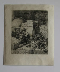 Ex-libris Lucien Wiener. "J'appartiens à Lucien Wiener". Nature morte avec globe, crâne et livres. Eau-forte sur papier Japon. Feuille : 9,2 x 7,6 cm. Image : 6,6 x 5,5 cm. Monté sur un carton blanc.